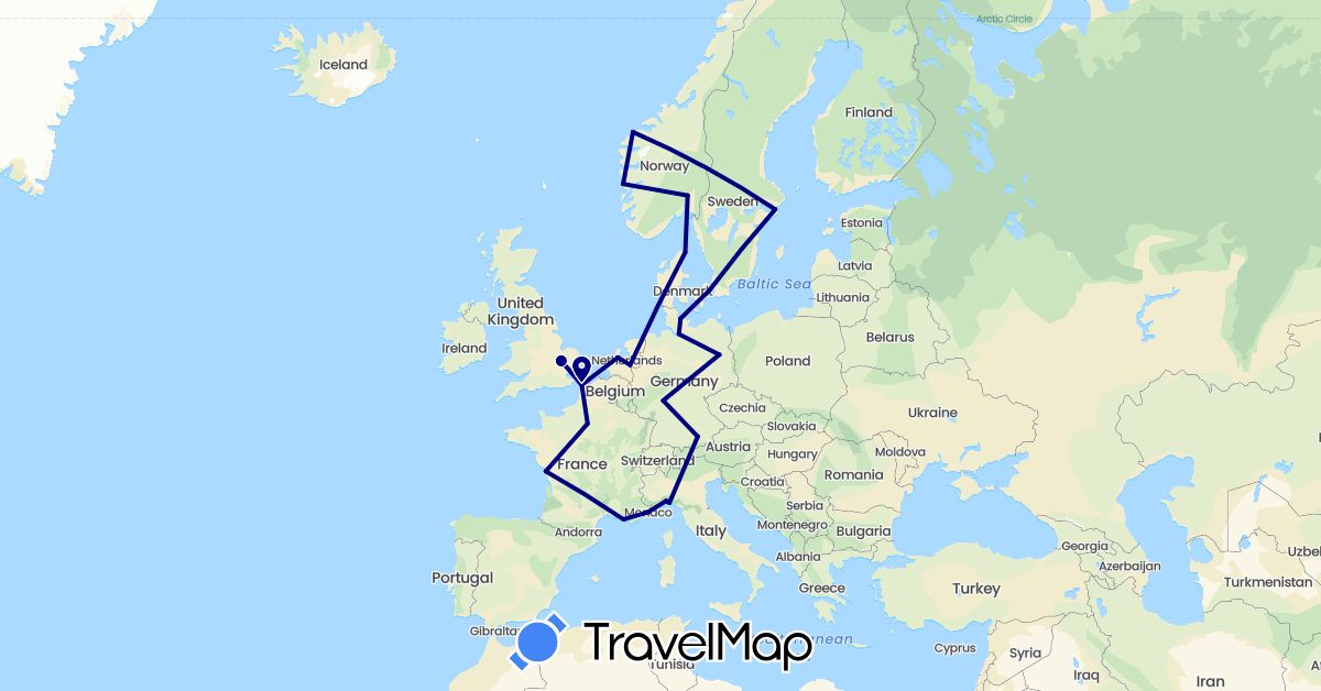 TravelMap itinerary: driving in Germany, Denmark, France, United Kingdom, Italy, Monaco, Netherlands, Norway, Sweden (Europe)